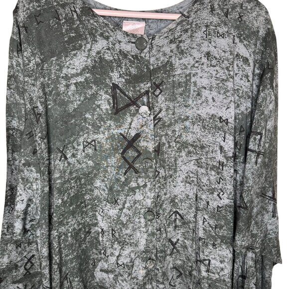 Women's Green & Black Tie-Dyed Lagenlook Maxi Dress, Button-Front, Boho Dress - Picture 3 of 8